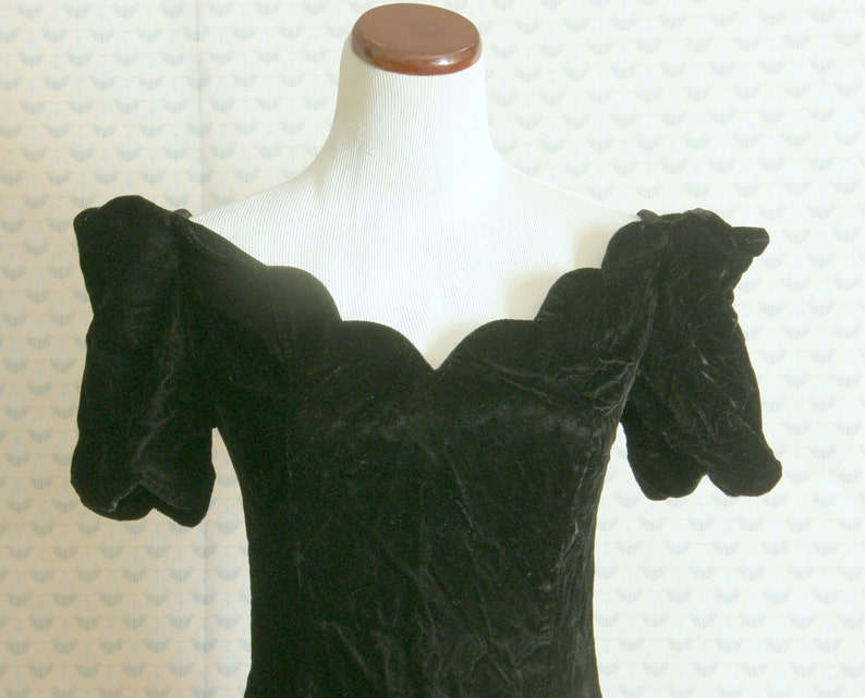 80s velvet off the shoulder cocktail mini dress with scalloped neckline