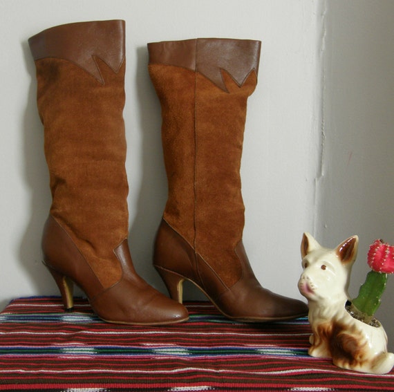 1970s suede and leather heeled calf length boots - image 4