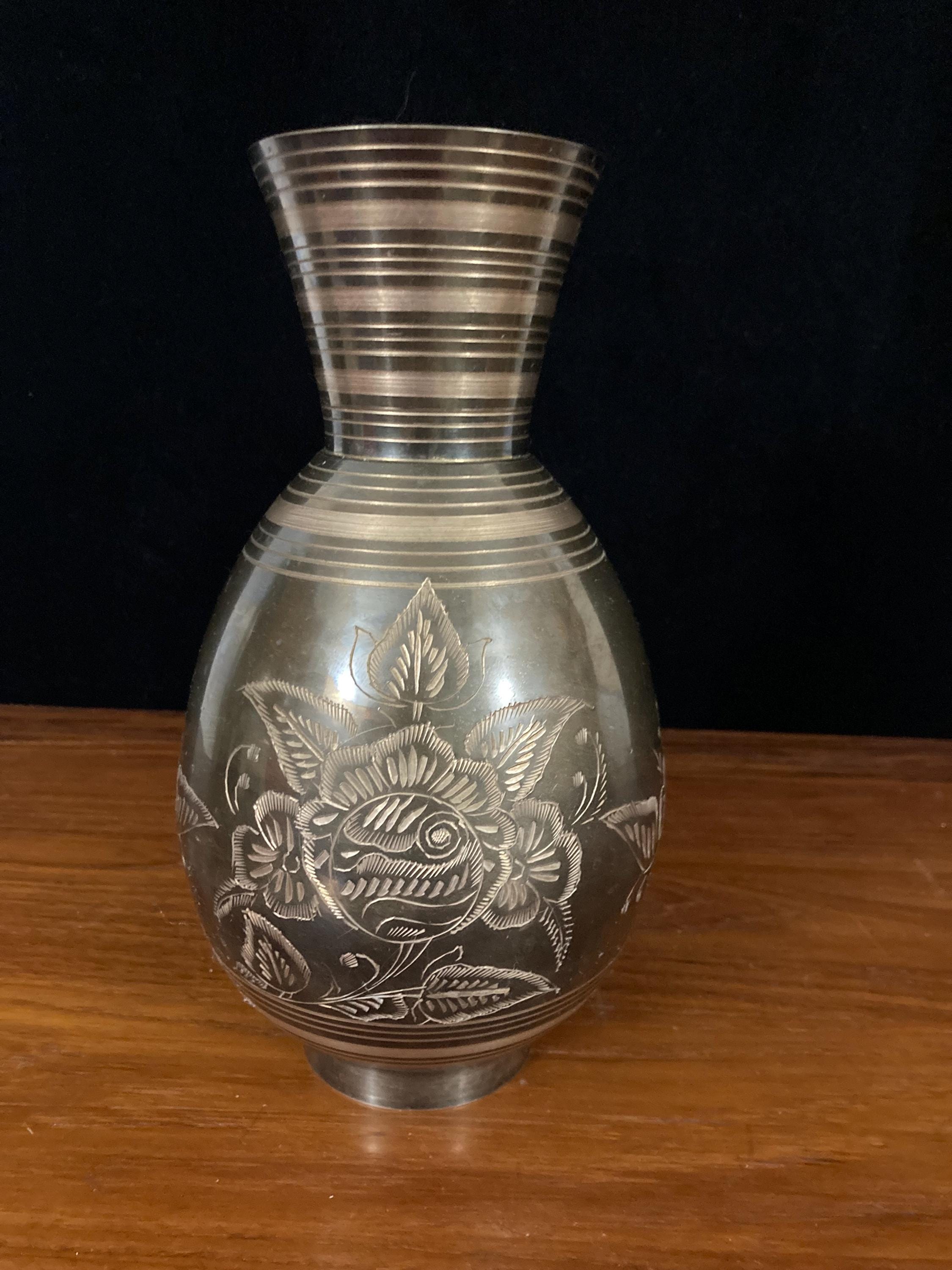medium etched brass vase floral design