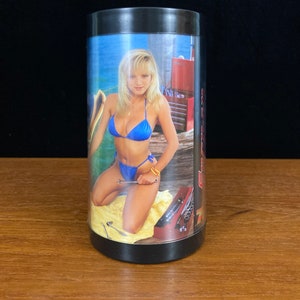 80s blonde in a bikini pin up thermo mug plastic coffee mug Snap-On Thermo Serv 80s kitsch
