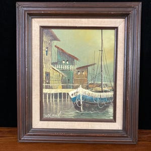 Framed original oil painting of docked fishing boat. ooak original art seaside sea town