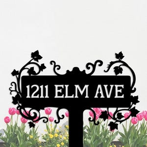 Placa de metal personalizada para jardim, placa de endereço personalizada, estaca de número de casa com estampa floral, placa de nome de família de jardim, placa de endereço completo para entrada com flores