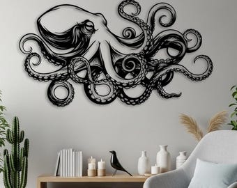 Octopus Kraken Wall Art, Tentacle Ocean Decor, Octopus Wall Art, Large Nautical Bathroom Decor, Beach House Decor, Coastal Living Room Decor