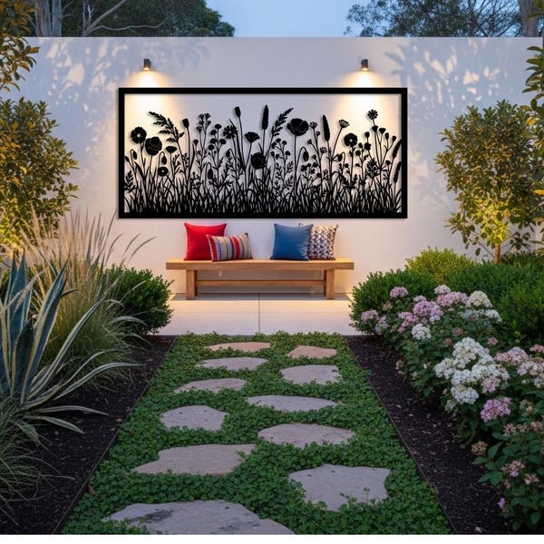Metal Wall Art wilde bloemen, bloemen buiten muur decor, terras veranda wandpaneel, cottage tuin kunst aan de muur, grote wilde bloemen muur decor