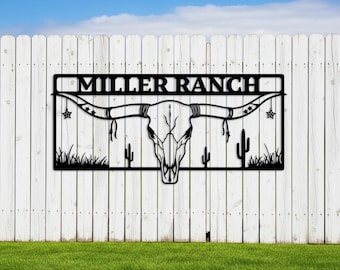 Longhorn Ranch Sign, Custom Western Metal Sign, Rustic Outdoor Fence Decor, Personalized Country Home Sign, Southwestern Farm Sign