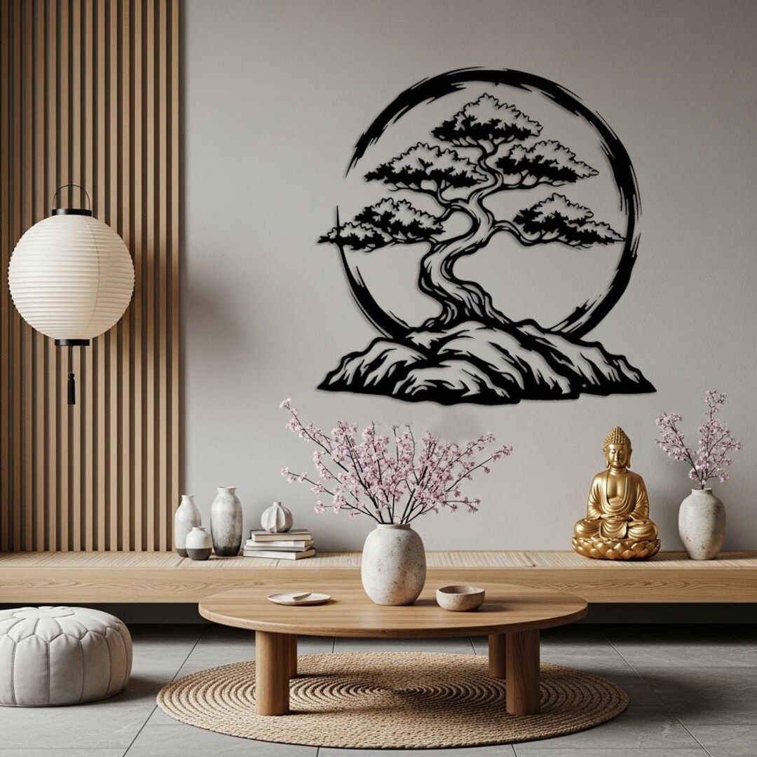 Bonsai Tree With Enso Circle Wall Art, Zen Metal Wall Decor, Minimalist ...