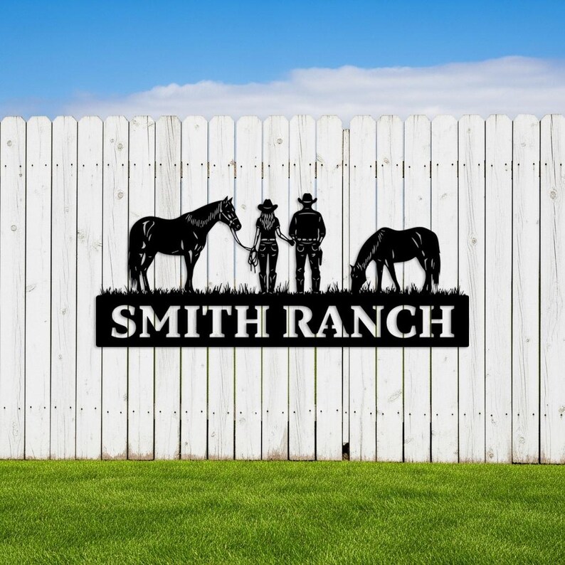 Custom Ranch Metal Sign, Cowboy Couple Outdoor Wall Art, Horse Farm ...
