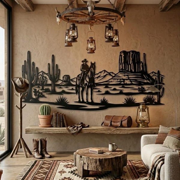 Western Cowboy Desert Metal Wall Art, Large Cactus Wall Art, Ranch Living Room Decor, Above Couch Decor, Country Home Decor, Southwest Decor