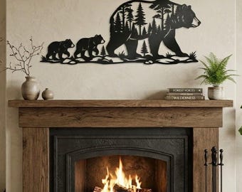 Decoración de pared de metal con la familia de osos, decoración de pared para encima del sofá, decoración de sala de estar estilo cabaña, decoración rústica de sala de estar, letrero de Mamá Osa, decoración para encima de la chimenea