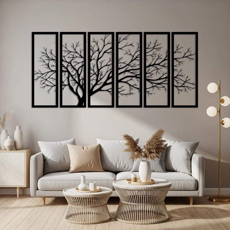 Set of 6 Tree Branch Metal Wall Art, Horizontal Wall Decor for Large ...