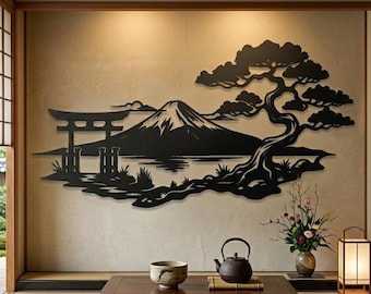 Decorazione murale in metallo del Monte Fuji, decorazione murale giapponese, decorazione murale zen, decorazione murale con albero bonsai, insegna per cancello Torii, decorazione domestica zen, decorazione murale in metallo zen