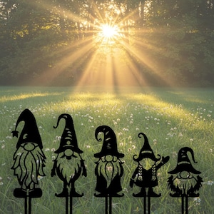 Set of 5 Gnome Garden Stakes, Cute Metal Yard Art, Best Garden Decor, Gnome Garden Gift for Her, Funny Lawn Gnome Family, Cute Garden Decor