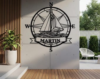 Sailboat Compass Sign, Custom Nautical Wall Art, Coastal Outdoor Wall Decor, Beach House Gift for Boat Owners, Custom Compass Sign