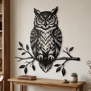 Arte mural de búho gótico oscuro, búho místico, decoración mural de metal para exteriores, decoración mural de búho estilo granja, decoración sobre la chimenea, letrero para fogata de cabaña