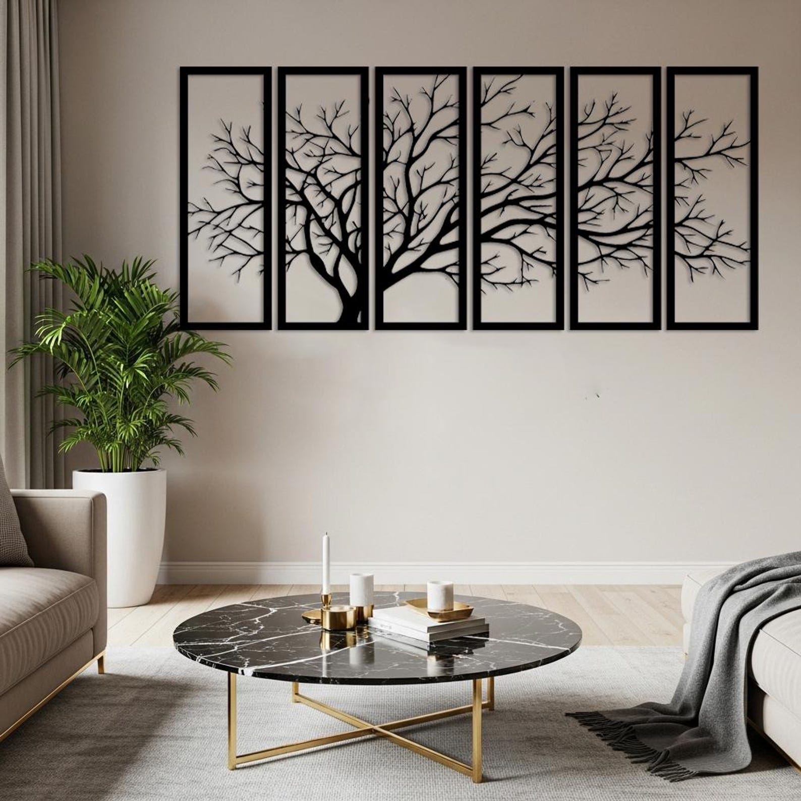 Set of 6 Tree Branch Metal Wall Art, Horizontal Wall Decor for Large ...