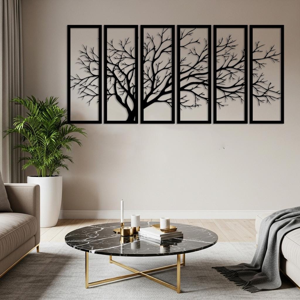 Set of 6 Tree Branch Metal Wall Art, Horizontal Wall Decor for Large ...