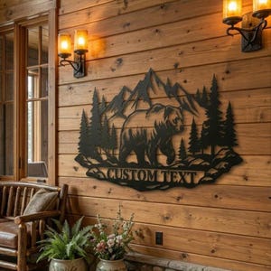 Benutzerdefinierte Bear Cabin Zeichen, personalisierte Wildlife Metallschild, rustikale Berg Metallwand Kunst, Wandkunst im Freien, Außenwanddeko der Hütte
