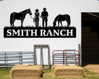 Custom Ranch Metal Sign, Cowboy Couple Outdoor Wall Art, Horse Farm Name Sign, Personalized Barn Sign, Western Gifts, Country Farmhouse Sign