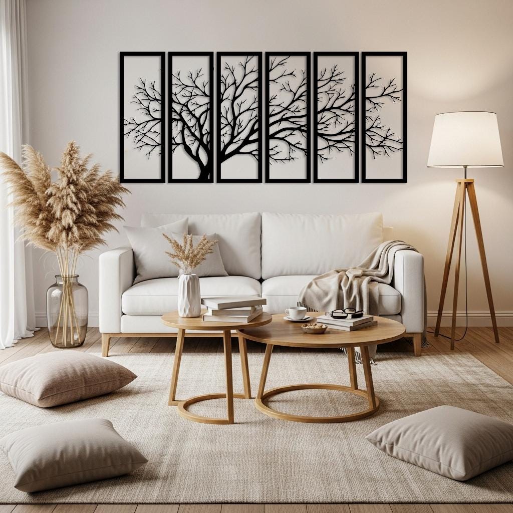 Set of 6 Tree Branch Metal Wall Art, Horizontal Wall Decor for Large ...