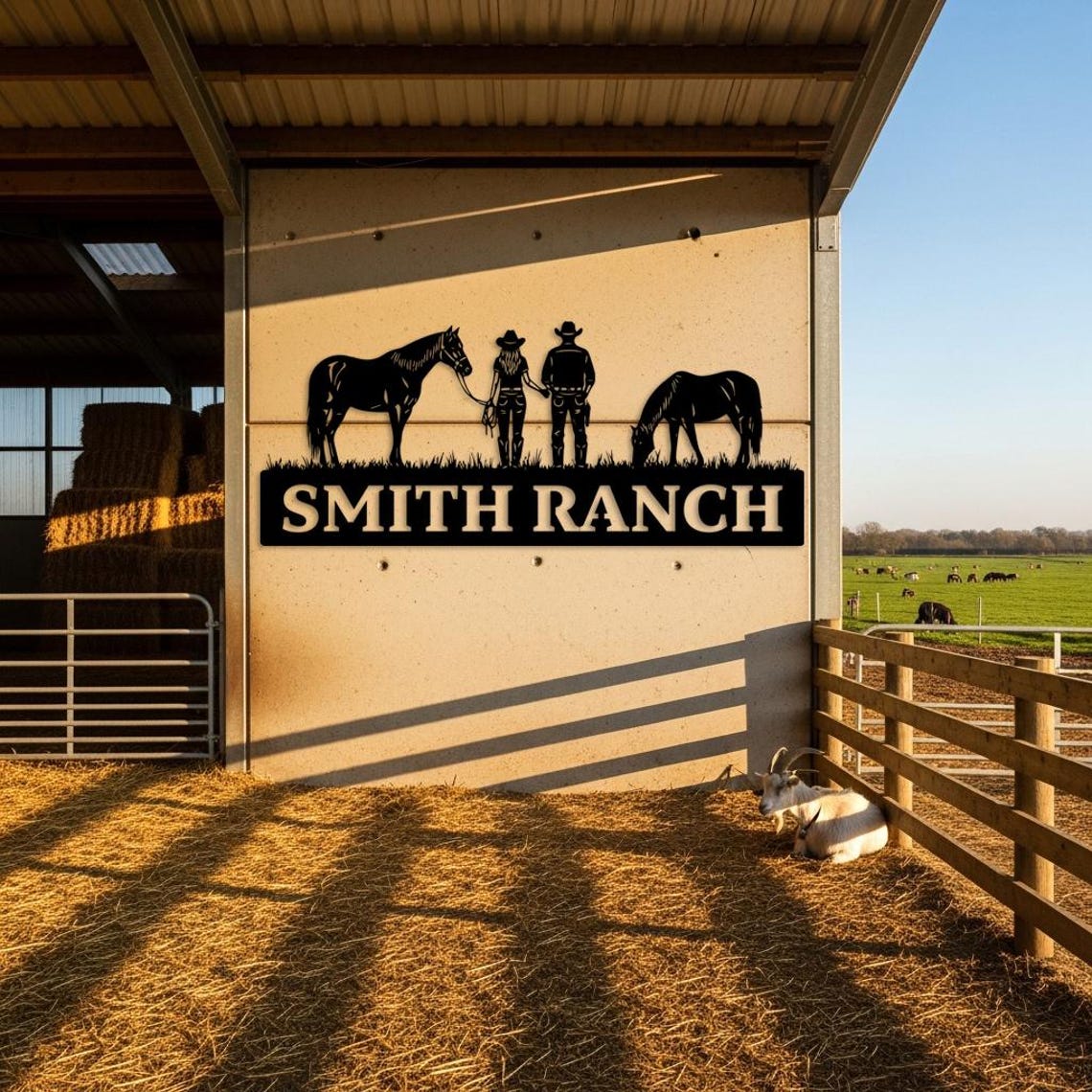 Custom Ranch Metal Sign, Cowboy Couple Outdoor Wall Art, Horse Farm ...