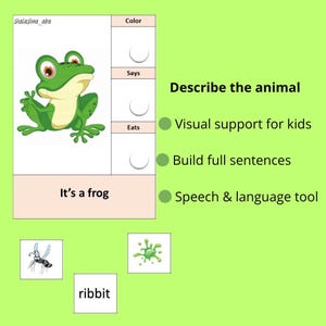 Tarjetas imprimibles de descripción de animales: construye oraciones con indicaciones visuales / Logopedia, ESL, ABA (PDF)