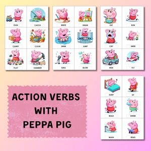 Cartes de verbes d'action en anglais pour enfants – ABA, orthophonie et ESL avec un cochon rose mignon