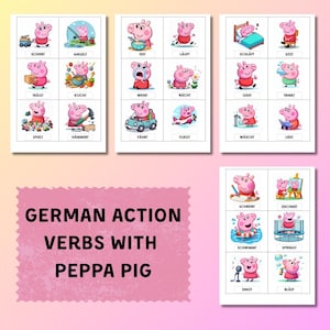 Flashcards de verbes allemands avec cochon - Cartes d'action imprimables pour l'orthophonie, l'ABA et l'apprentissage précoce de l'allemand