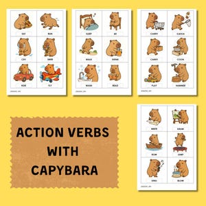 Educational Verb Cards with Cute Capybara