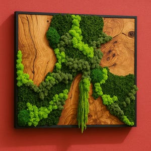Preserved Moss and Olive Wood Wall Art: Biophilic Black Frame Decor