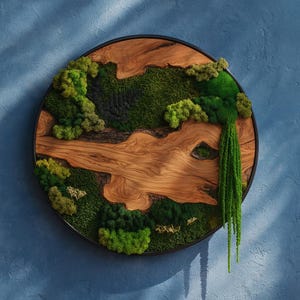 Round Preserved Moss Wall Art: Natural Wood Frame, Eco-Friendly Decor