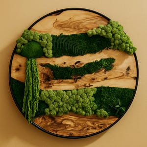 Moss and Olive Wood Wall Art: Handmade Biophilic Decor in Black Frame