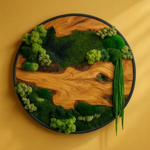 Live Edge Moss Wall Art: Round Wood & Black Frame - Boho Eco Decor