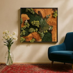 Square Moss Wall Art: Handmade Natural Wood Rustic Decor