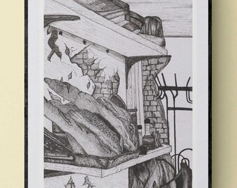 May include: A black and white pen and ink drawing of a kitchen interior with a shelf, a brick wall, and a loaf of bread. The drawing is framed in a black frame.