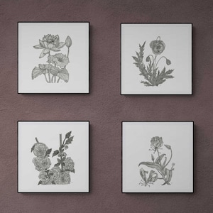 Set di 4 stampe artistiche floreali / Belle arti fatte a mano / Arte della fauna selvatica / Decorazione murale / Arte della natura / Arte floreale / Regalo unico / Arte botanica