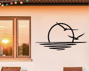Sonnenaufgang Möwen Metall Wand Kunst: Küsten Linie Kunst Dekor