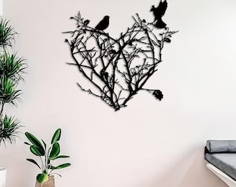 Herz Baum Metall Wandkunst: Vogel Zweig Silhouette Dekor