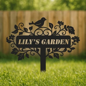 Custom Garden Decor- Personalized Name Sign, Flower Bird Stake, Flower Metal Sign, Gardener Name Sign, Outdoor Yard Art, Home Gift