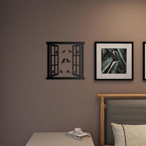 Window and Birds Metal Wall Art, Modern Wall Decor for Living Room, Unique Large Wall Hanging, Home and Fireplace Decoration, Housewarming