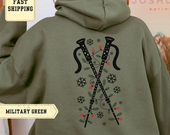 Ski Christmas Sweatshirt – Festive Crossed Ski Poles with Lights Design