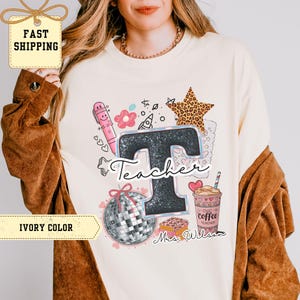Coquette Disco Teacher Shirt, Glitter T Monogram Coffee Tee, Cute Teacher Sweatshirt, Personalized Chic Teacher Gift for Her