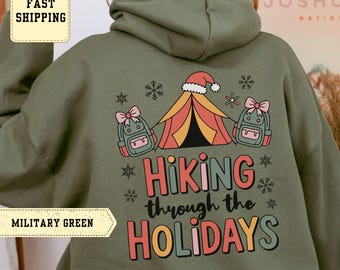 Hiking Holidays Christmas Sweatshirt – Tent, Backpacks, Santa Hat Design