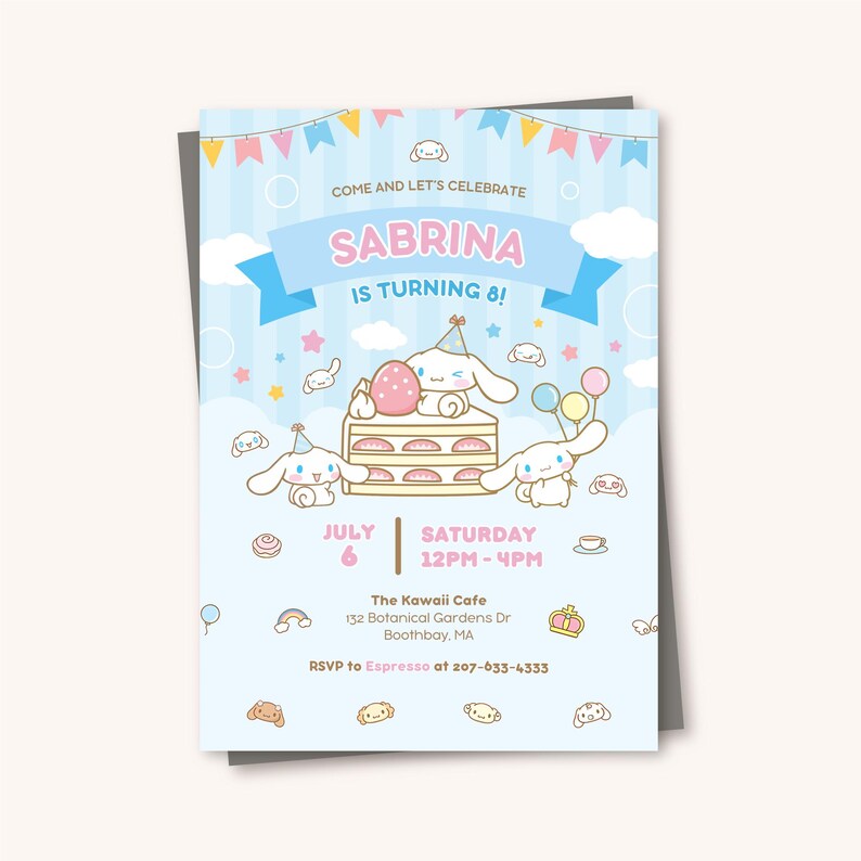 Cinnamo Roll Kids Birthday Invitation Template Kitty and Friends Party