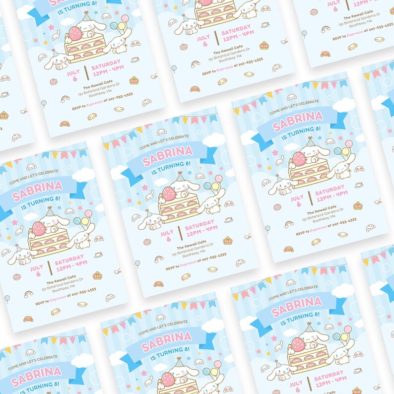 Cinnamo Roll Kids Birthday Invitation Template Kitty and Friends Party