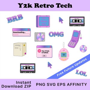 May include: A collection of Y2k Retro Tech-themed digital graphics. The image features various icons, including a cassette tape, a CD, a computer, a Tamagotchi, and a flip phone. Text includes "BRB", "OMG", "LOL", and "You Tried. It Failed. OK".