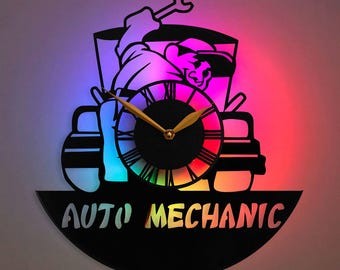 Auto Mechanic Wall Clock, Car Mechanic Decor Clock, Garage Workshop LED Clock, Automotive Decor Vinyl Clock, Auto Repair Shop Clock