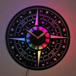 Wind Rose Clock, Compass Wall Clock, Starry Wall Clock, Travel Decor, Adventure Gift