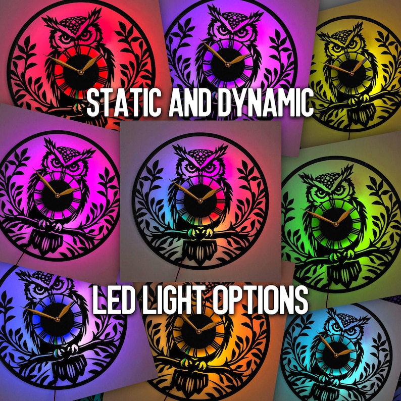 May include: A collection of owl-themed wall clocks with LED lighting. The clocks feature a black owl silhouette design with Roman numeral clock faces. The clocks are illuminated with various colors, including red, purple, green, and blue. Text on the image reads "STATIC AND DYNAMIC" and "LED LIGHT OPTIONS."