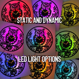May include: A collage of nine owl clock designs with different colored LED lights. The text "STATIC AND DYNAMIC" and "LED LIGHT OPTIONS" are displayed on the collage.