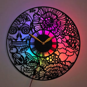 Sugar Skull Clock, Dia de los Muerto Wall Clock, Skull Clock, Floral Skull Wall Clock, Mexican Wall Clock